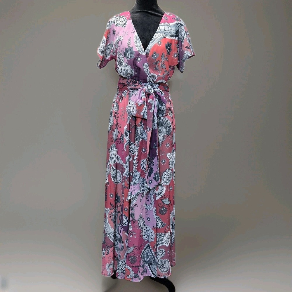 eShakti Maxi Dress‎ Women's Sz M Floral Paisley Georgette Surplice Boho Pockets